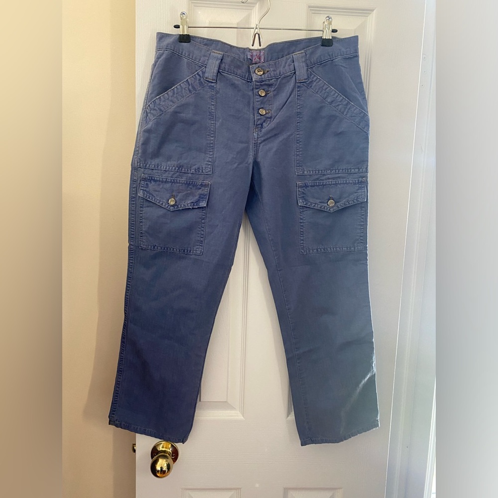 Joie Cropped Blue Cargo Pants with Button-Fly